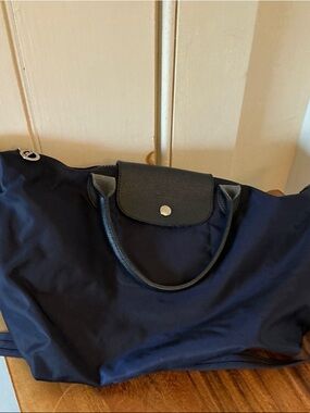 Longchamp Navy Nylon Shoulder Bag with Navy Blue Leather Trim and Silver hardwar